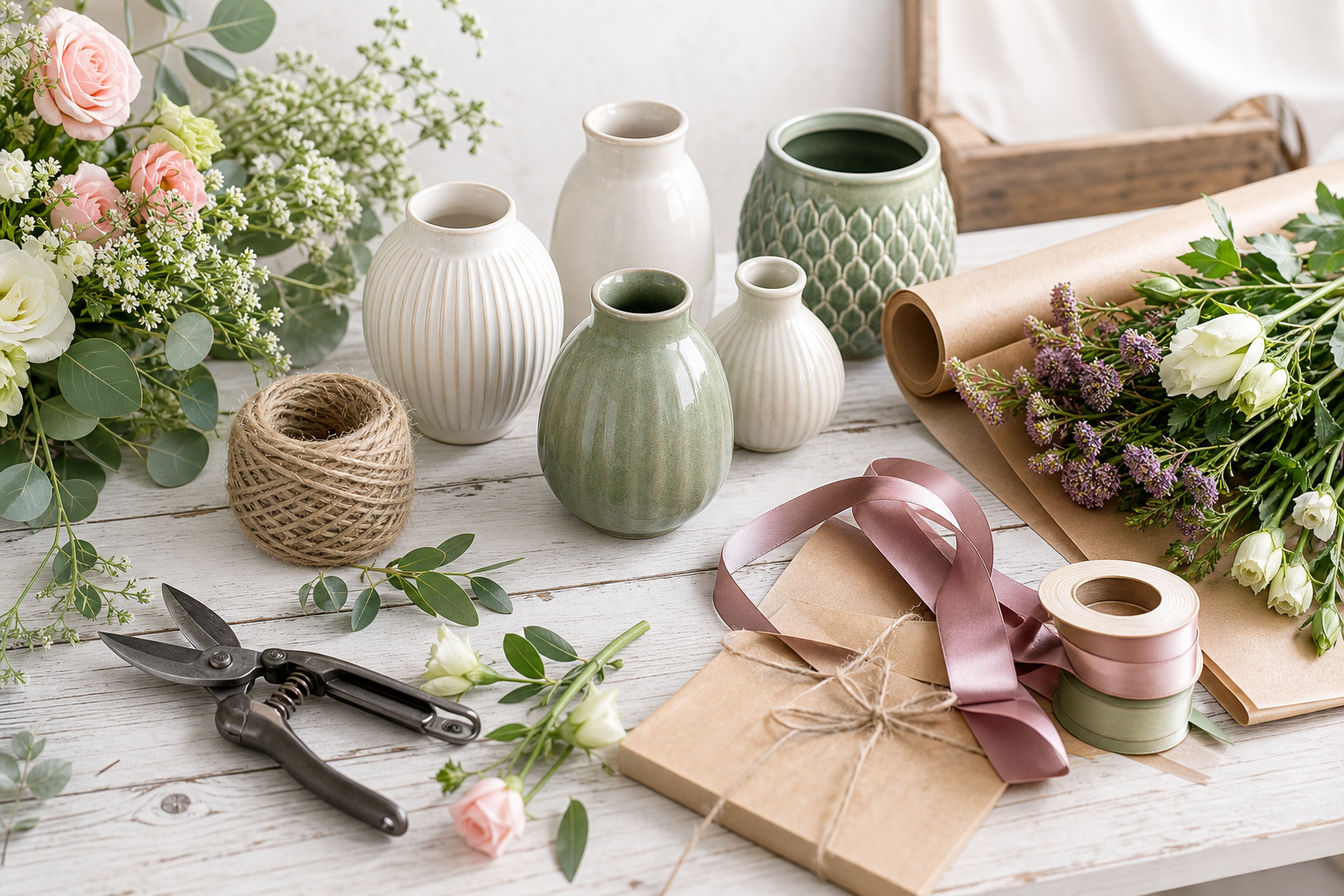 Floreros, listones y herramientas para arreglos florales