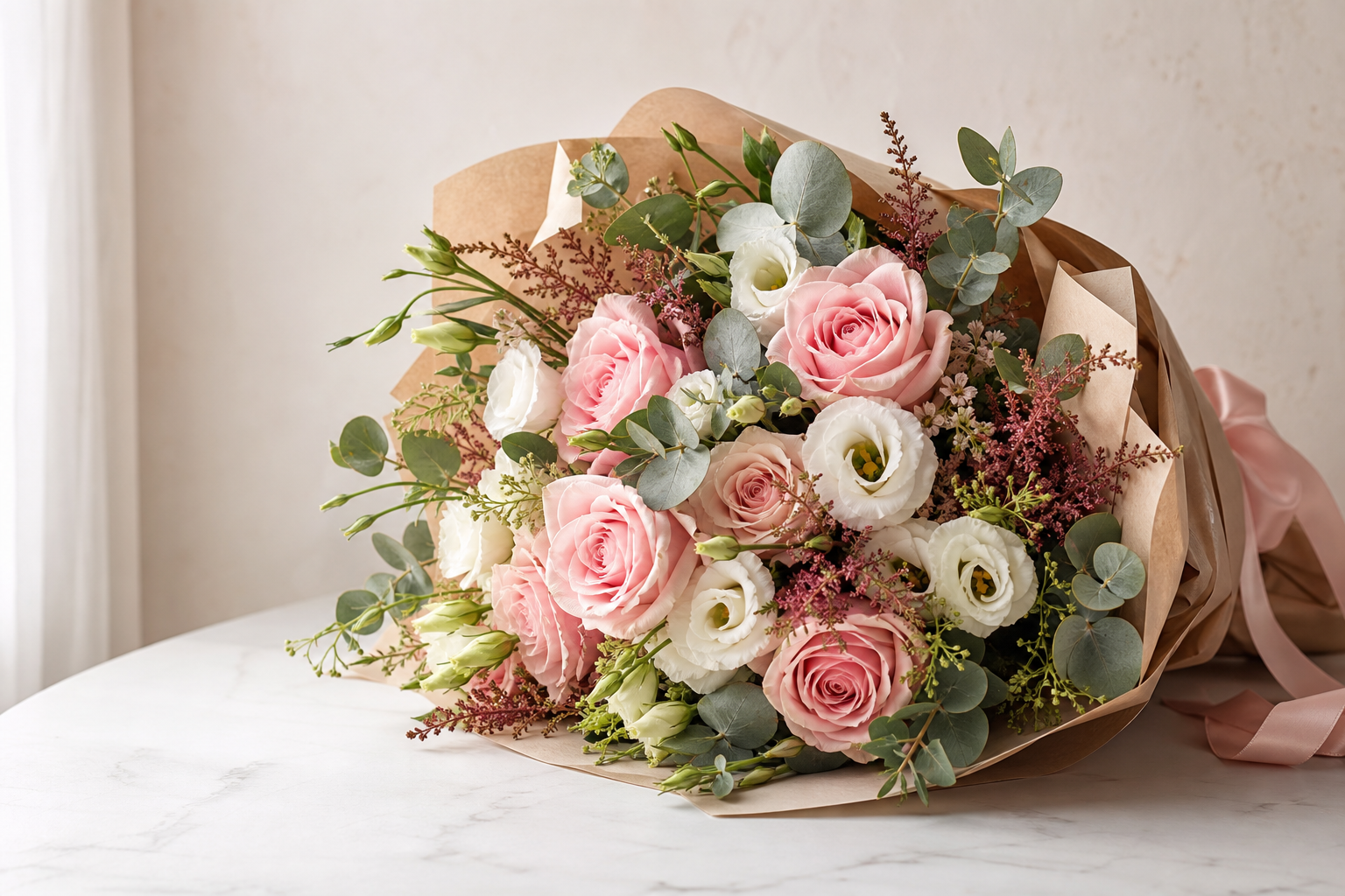 Ramo de rosas, lisianthus y eucalipto