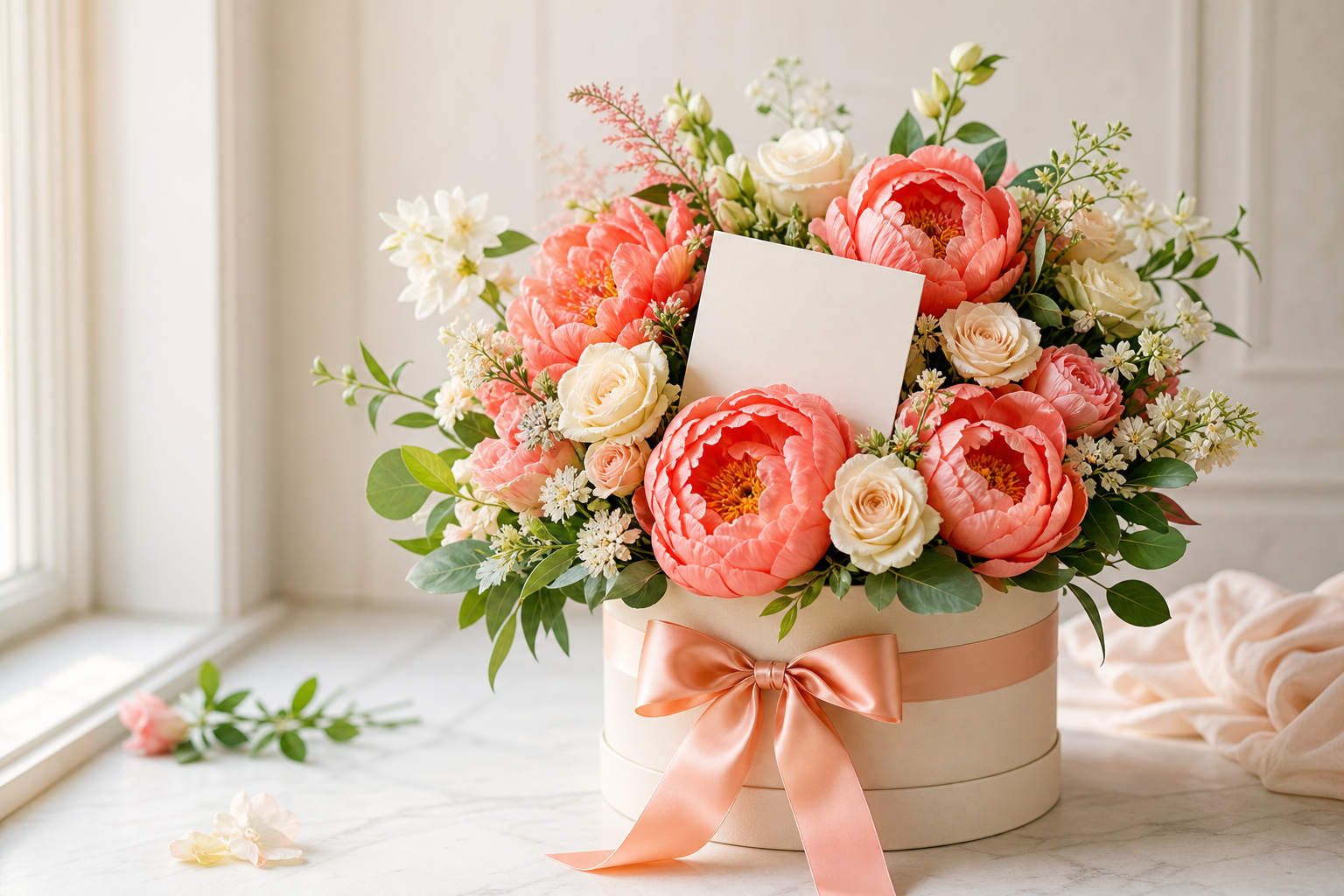 Caja de regalo con peonías y rosas